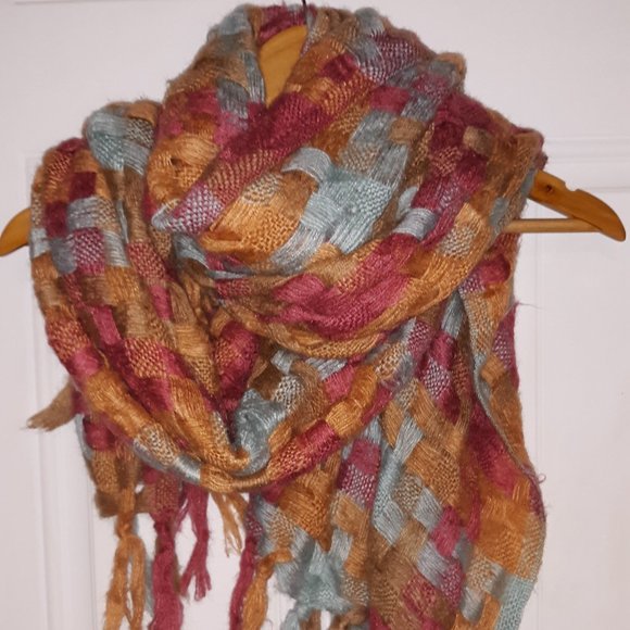 LIMITED TIME SALE: Beautiful Orange, Blue, and Burnt Red Blanket Scarf w/ Fringe - Picture 1 of 3